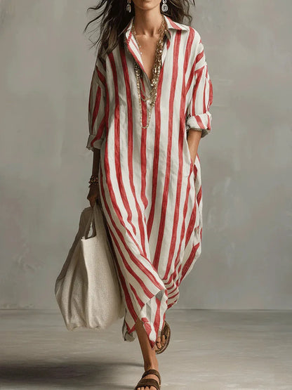 Striped Linen Maxi Shirt Dress – Loose Fit Long Sleeve Casual