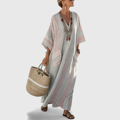 Linen Boho Maxi Dress – V-Neck 3/4 Sleeve with Pockets