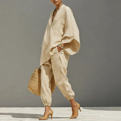 Linen Batwing Sleeve Two Piece Set – V-Neck Top Tapered Pants