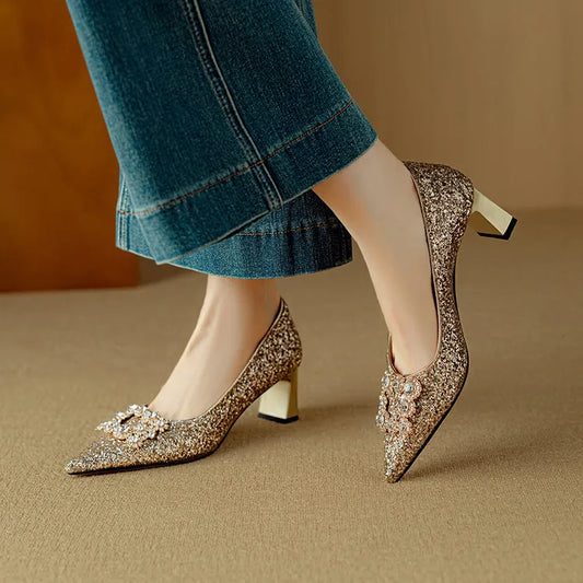 Glitter Block Heel Pumps – Pointed Toe Rhinestone Party Heels