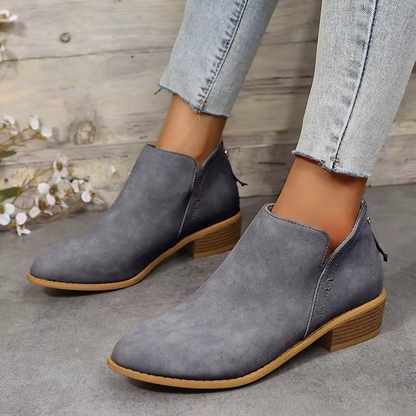 Pointed Toe Ankle Boots Block Heel – V-Cutout Back Zip Booties
