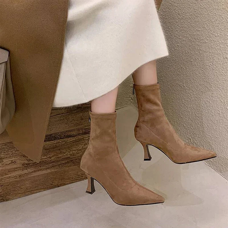 Pointed Toe Sock Ankle Boots – Suede Stiletto Heel Booties