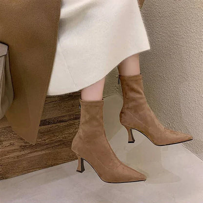 Pointed Toe Sock Ankle Boots – Suede Stiletto Heel Booties