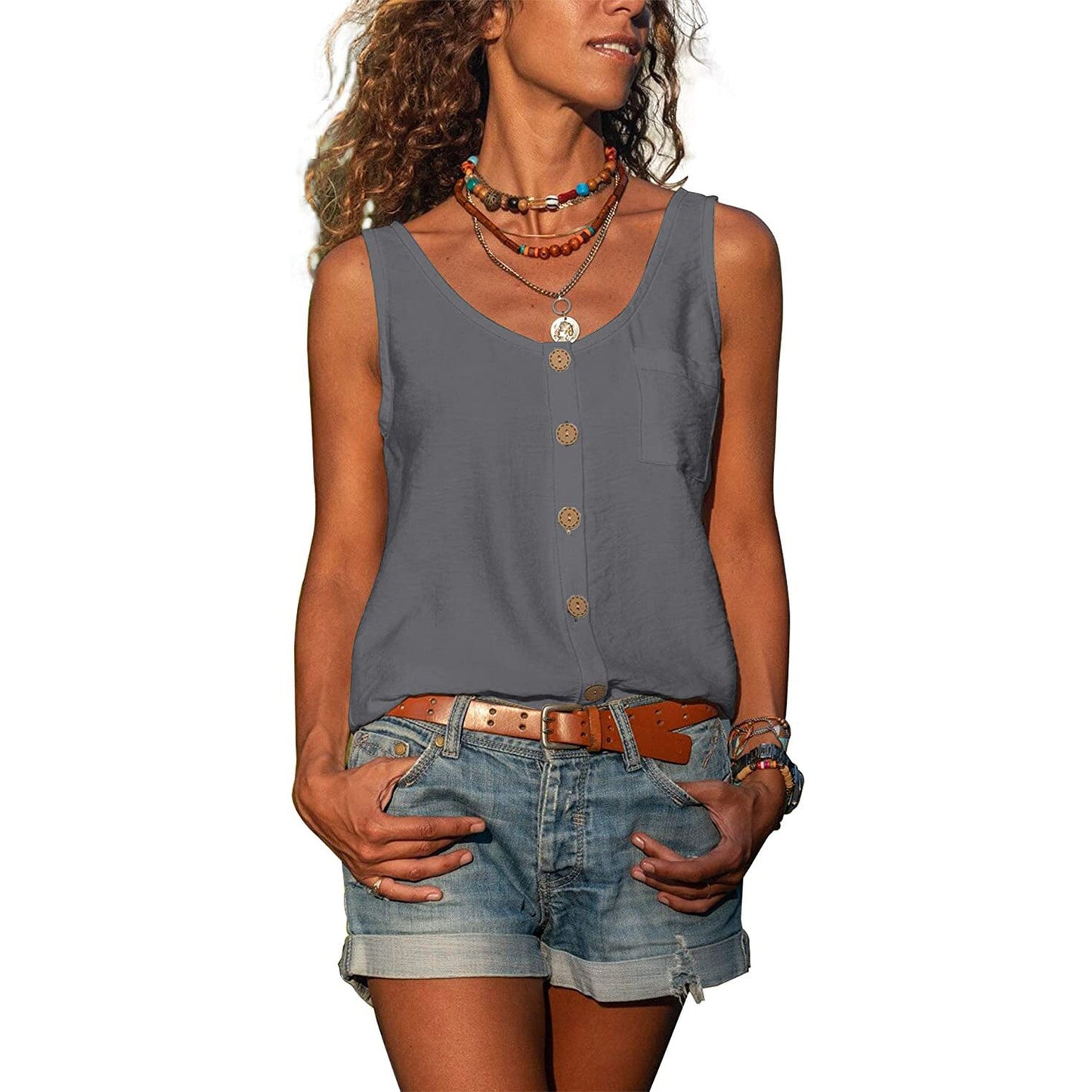 Women's Boho Button-Front Tank Top – Sleeveless Casual Summer Top