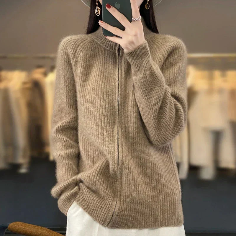 Ribbed Knit Zip-Up Cardigan – Stand Collar Long Sleeve Sweater Jacket
