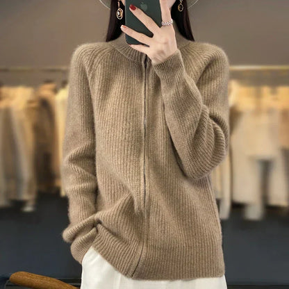 Ribbed Knit Zip-Up Cardigan – Stand Collar Long Sleeve Sweater Jacket