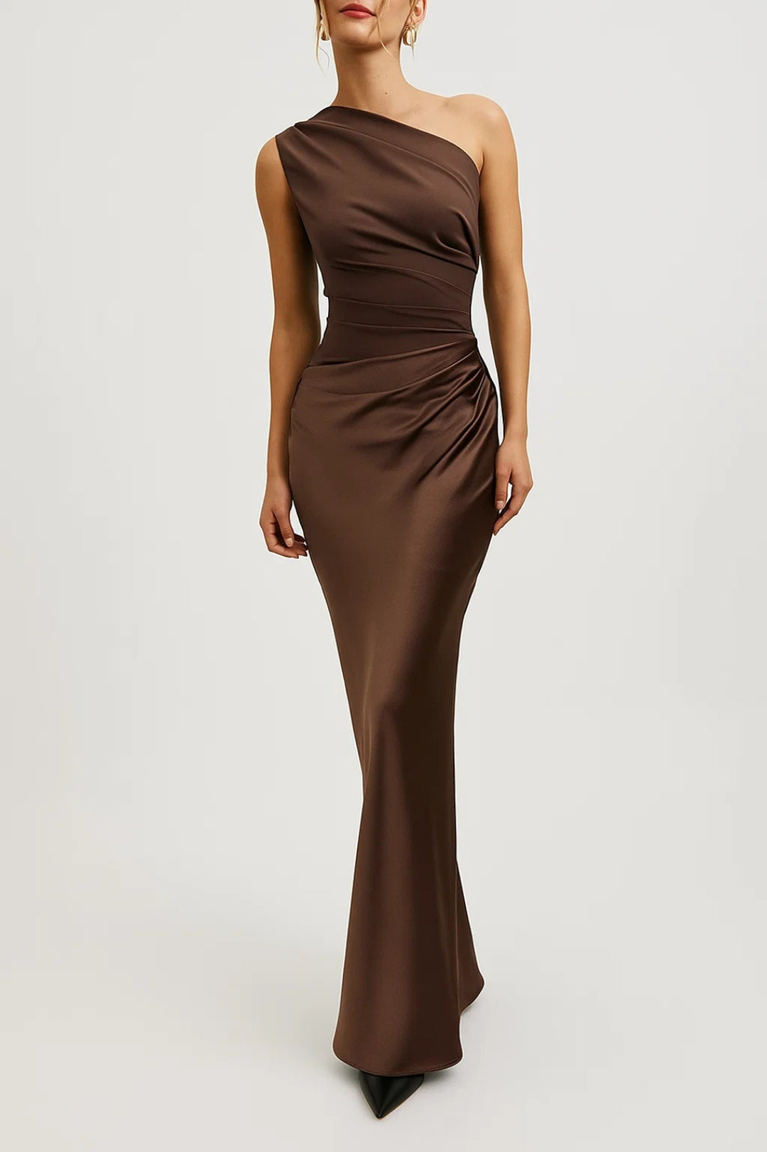 Satin One Shoulder Maxi Dress – Ruched Waist Bodycon Formal Gown