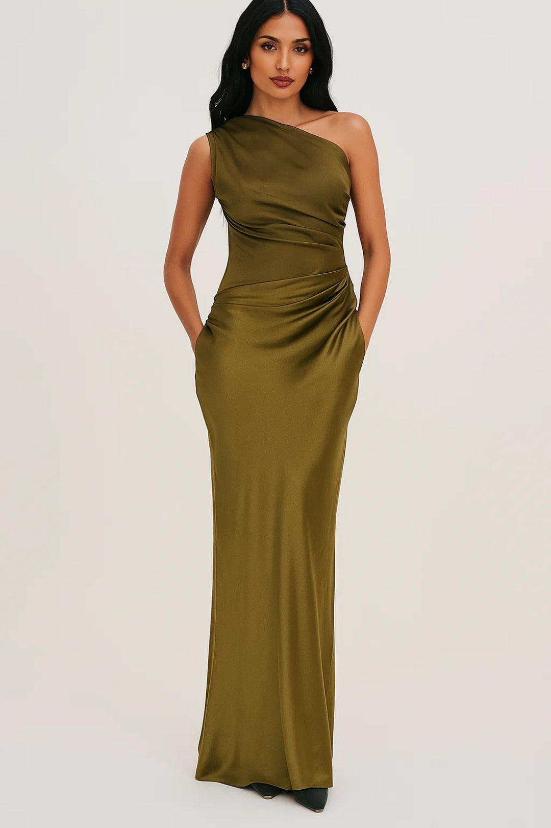 Satin One Shoulder Maxi Dress – Ruched Waist Bodycon Formal Gown
