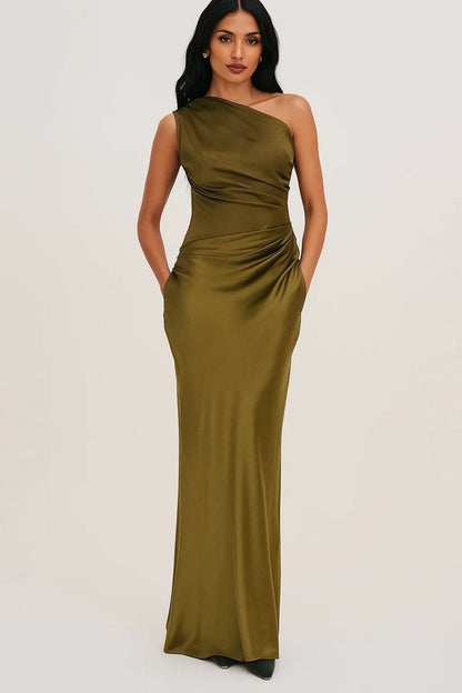 Satin One Shoulder Maxi Dress – Ruched Waist Bodycon Formal Gown