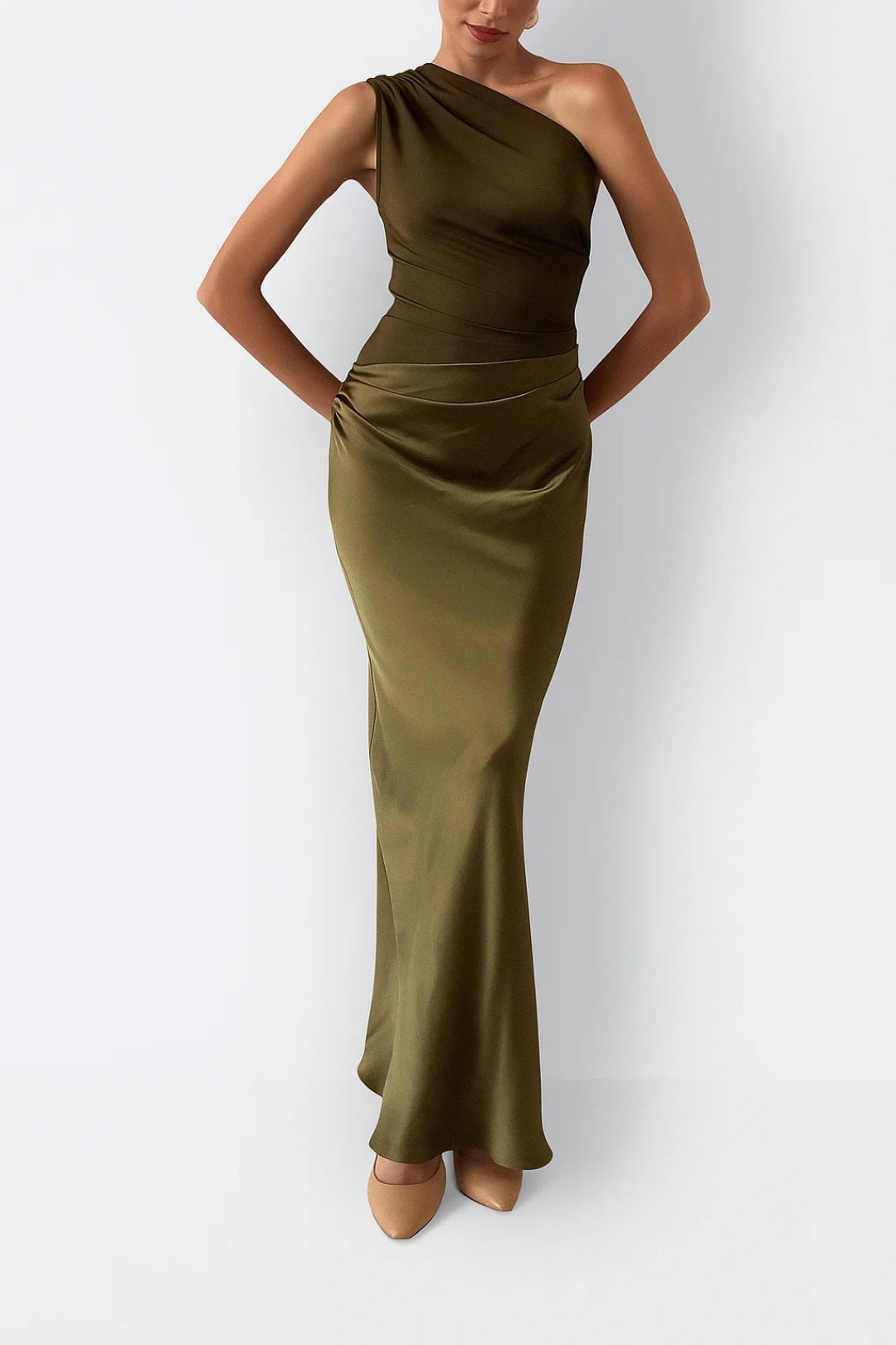 Satin One Shoulder Maxi Dress – Ruched Waist Bodycon Formal Gown
