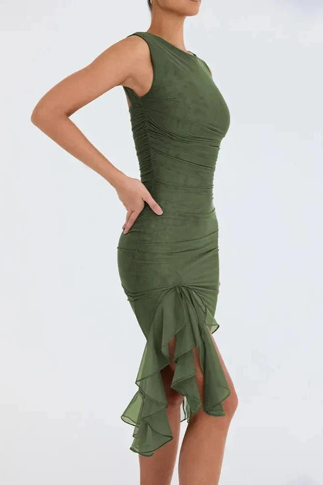 Women's Ruched Mesh Midi Dress – Sleeveless Bodycon with Ruffle Hem