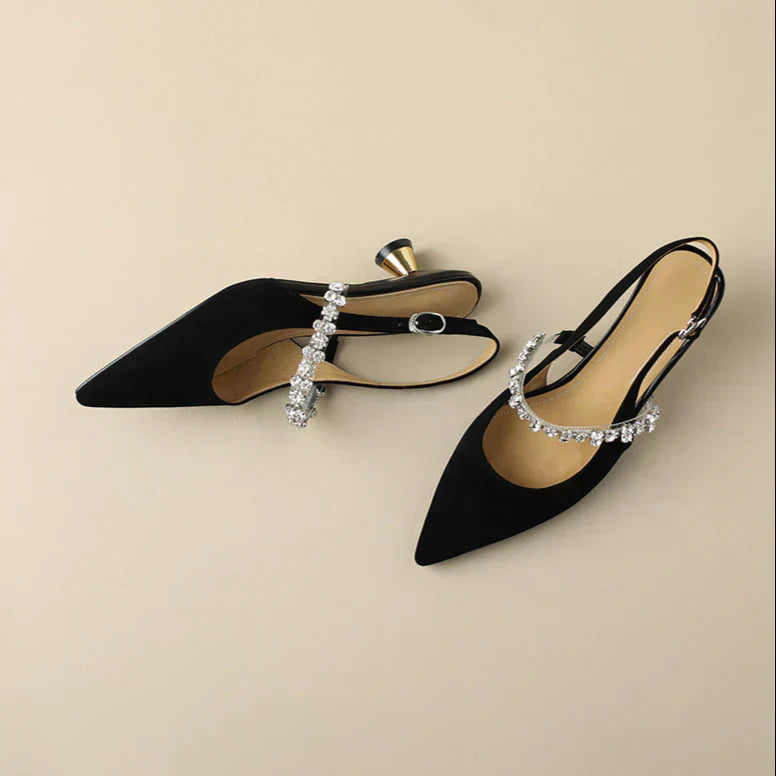 Rhinestone Slingback Heels – Pointed Toe Crystal Strap Pumps