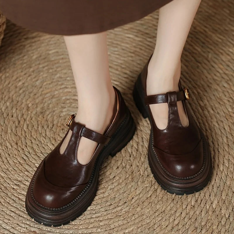 Leather T-Bar Platform Mary Jane Shoes – Round Toe Vintage Style