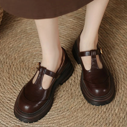 Leather T-Bar Platform Mary Jane Shoes – Round Toe Vintage Style