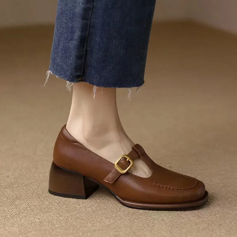 Leather T-Strap Mary Jane Heels – Square Toe Block Heel Buckle