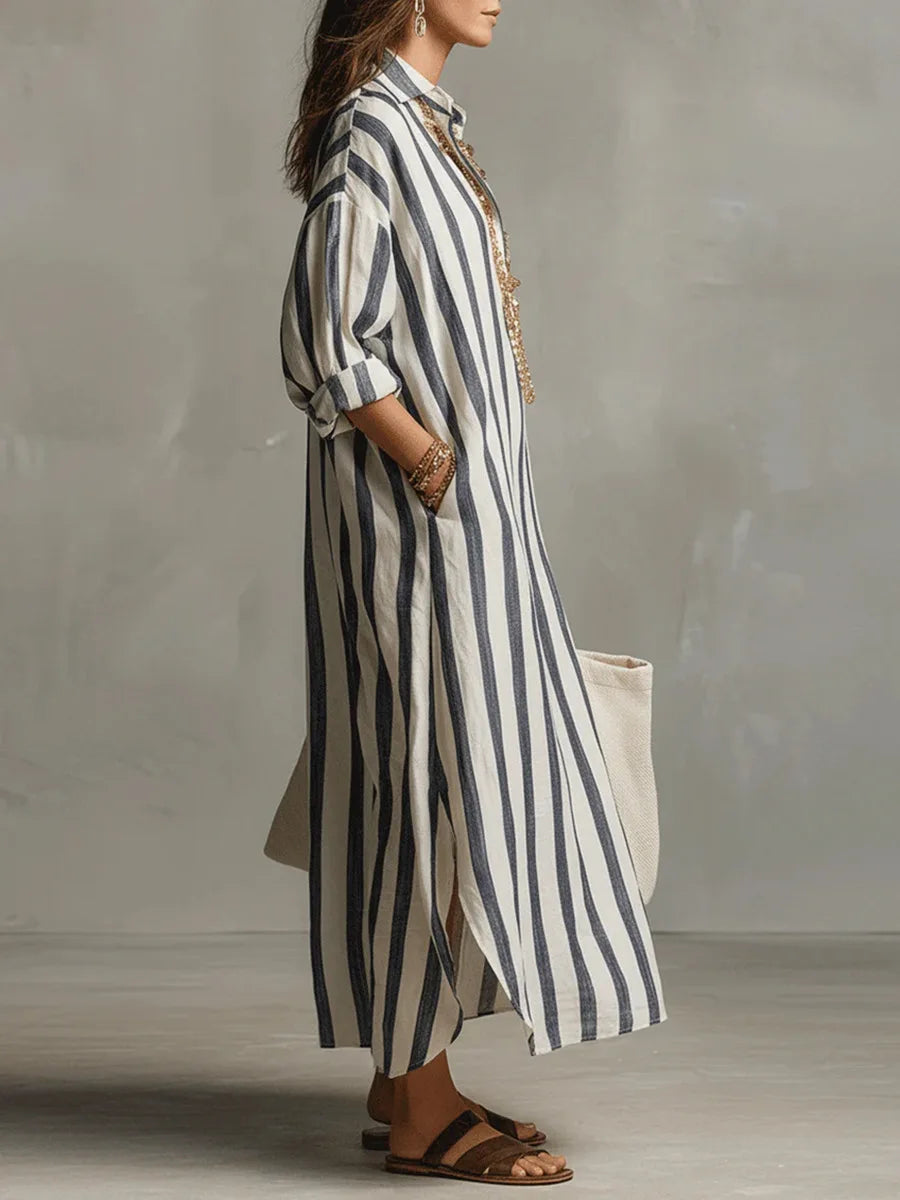Striped Linen Maxi Shirt Dress – Loose Fit Long Sleeve Casual
