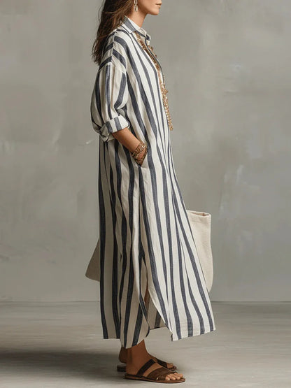 Striped Linen Maxi Shirt Dress – Loose Fit Long Sleeve Casual