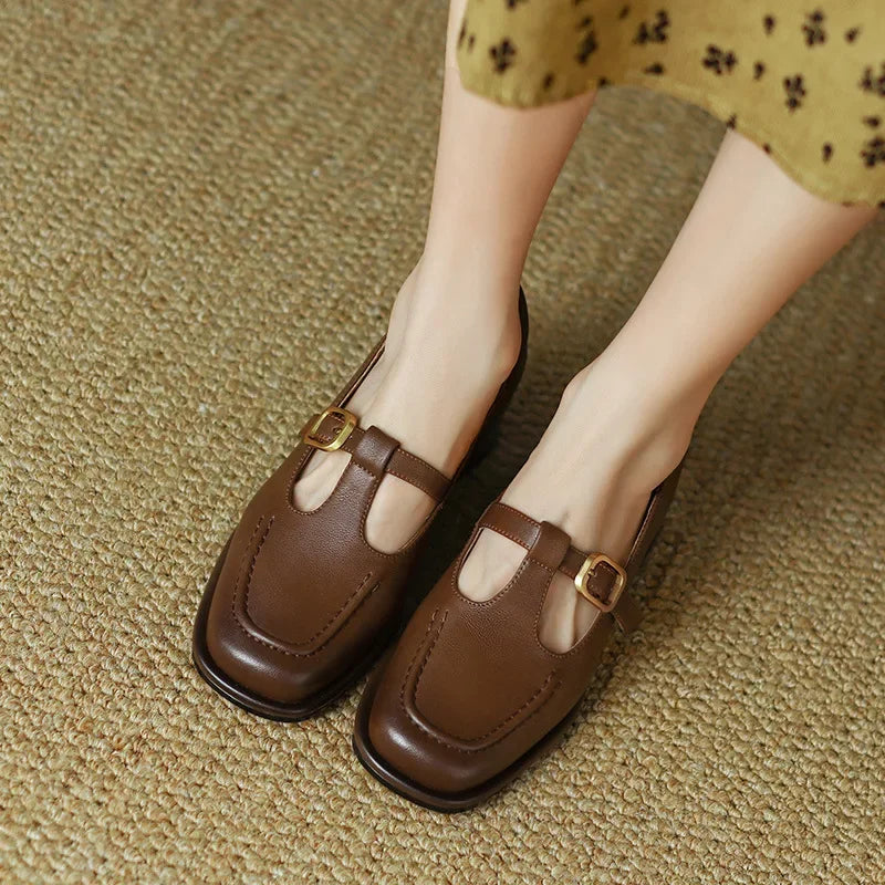Leather T-Strap Mary Jane Heels – Square Toe Block Heel Buckle