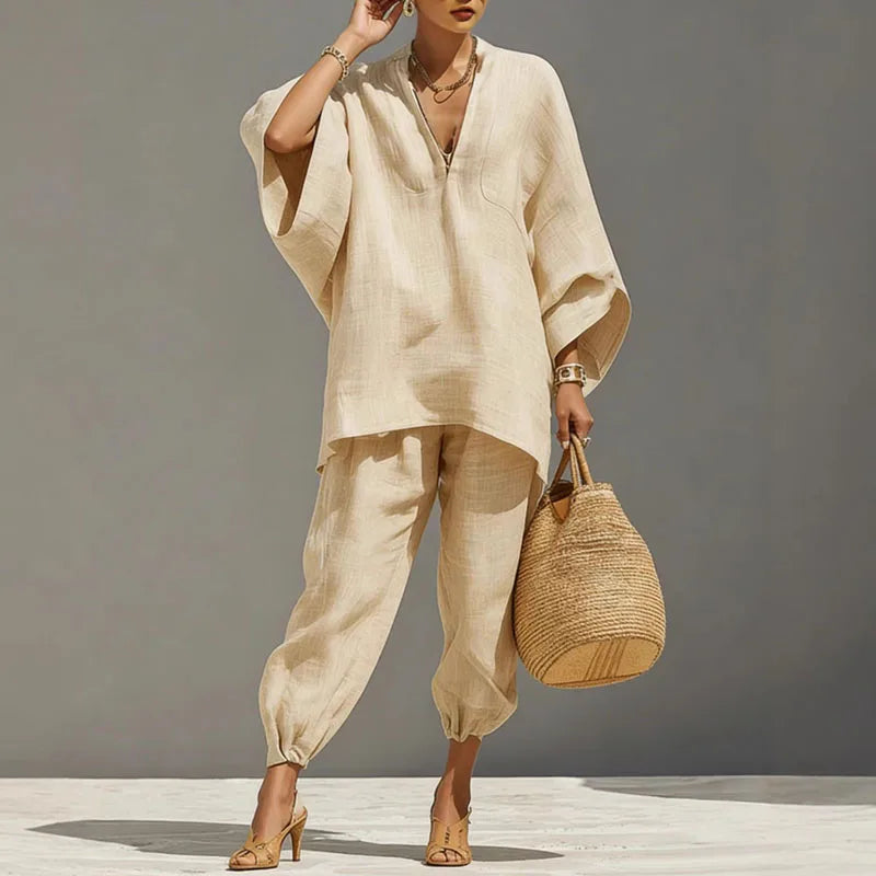 Linen Batwing Sleeve Two Piece Set – V-Neck Top Tapered Pants