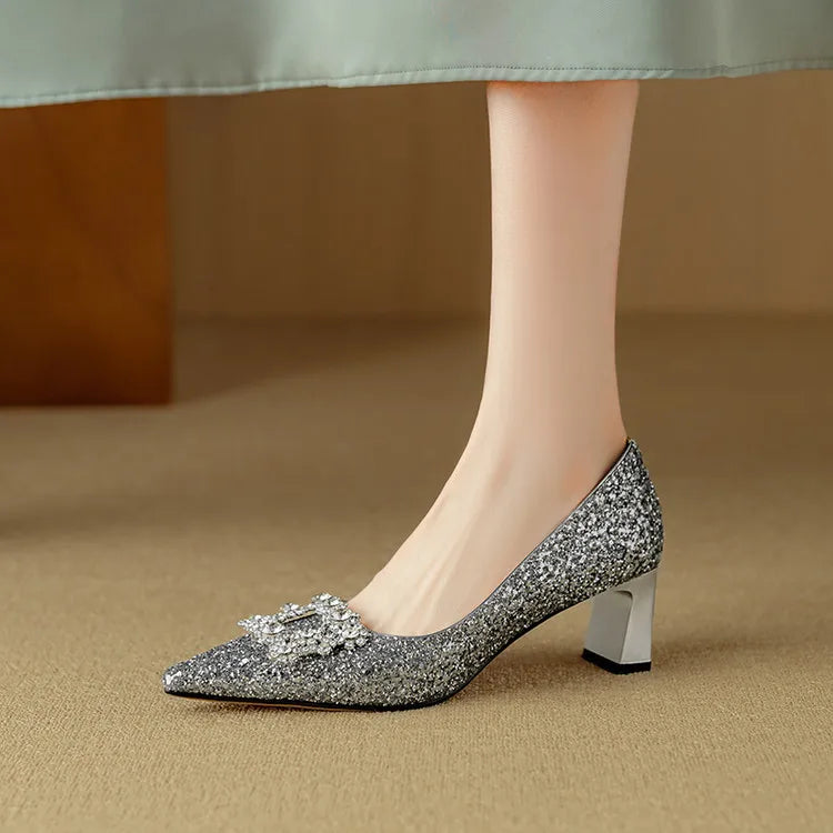 Glitter Block Heel Pumps – Pointed Toe Rhinestone Party Heels