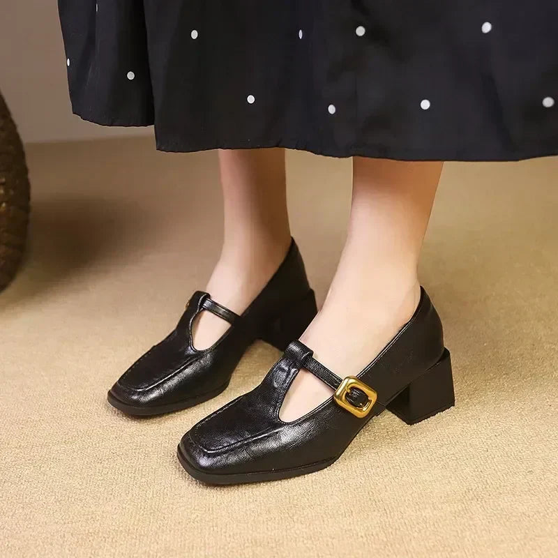 Square Toe Mary Jane Block Heel Pumps – T-Bar Buckle Retro Heels