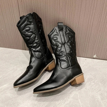 Embroidered Western Cowboy Boots – Mid-Calf Pointed Toe Block Heel
