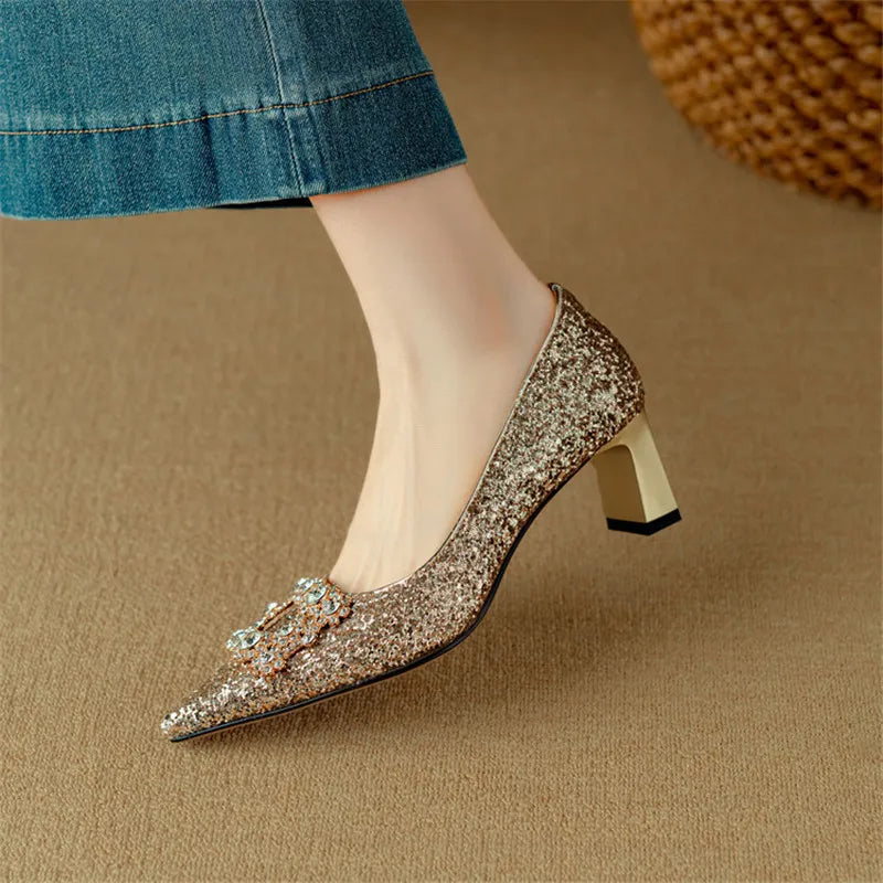 Glitter Block Heel Pumps – Pointed Toe Rhinestone Party Heels