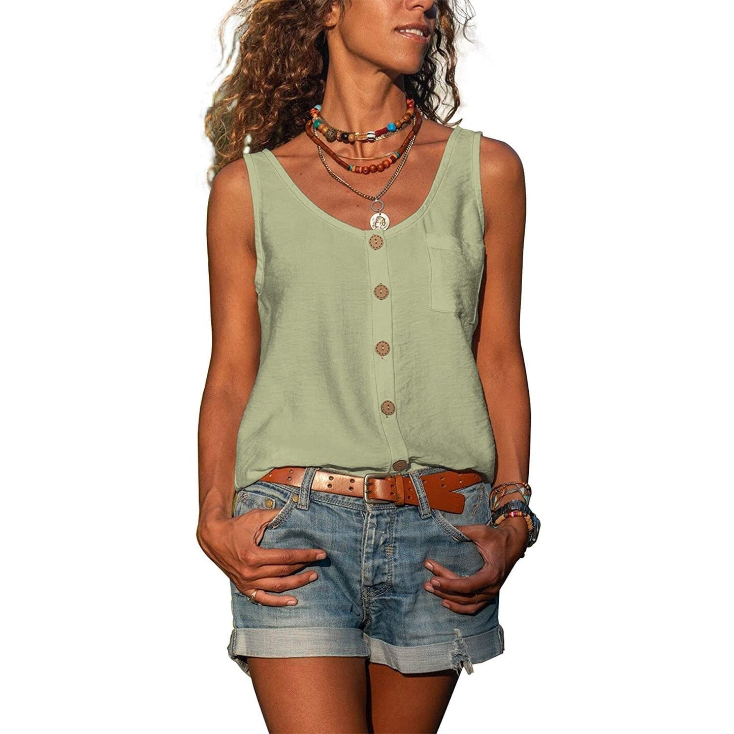 Women's Boho Button-Front Tank Top – Sleeveless Casual Summer Top