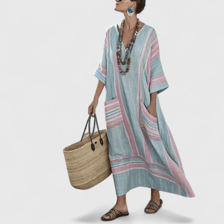 Linen Boho Maxi Dress – V-Neck 3/4 Sleeve with Pockets
