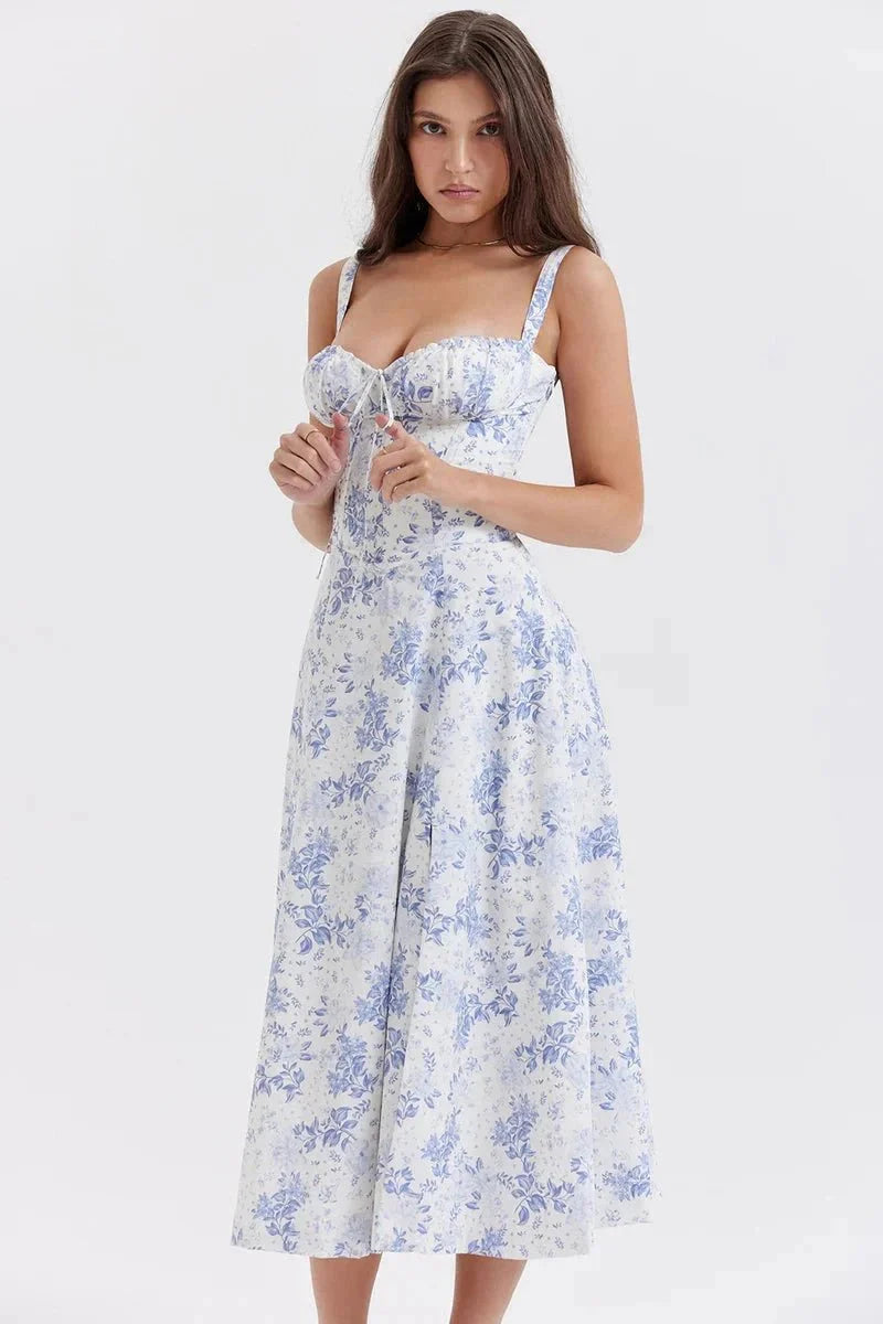 Women's Corset Bustier Midi Dress – Floral A-Line Summer Dress with Side Slit