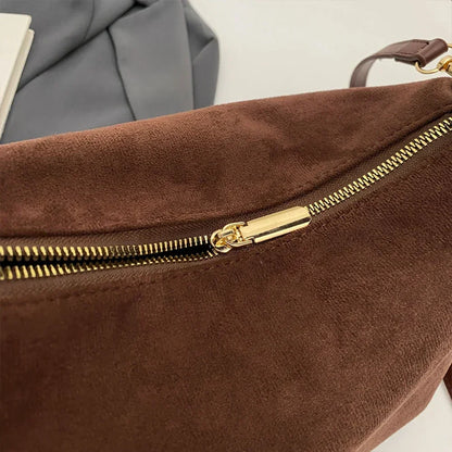 Suede Shoulder Bag with Top Handle – Zip Crossbody Gold Hardware