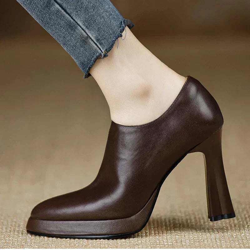 Leather Platform Block Heel Pumps – Pointed Toe Side Zip
