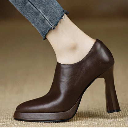 Leather Platform Block Heel Pumps – Pointed Toe Side Zip