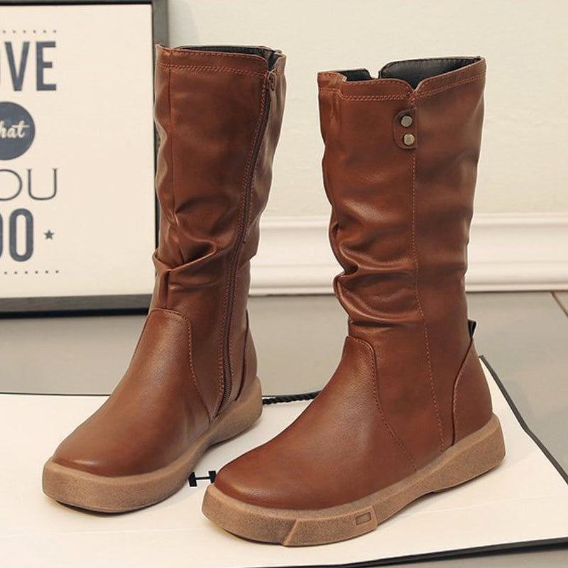 Slouchy Mid-Calf Boots – Flat Sole Side Zip Vegan Leather