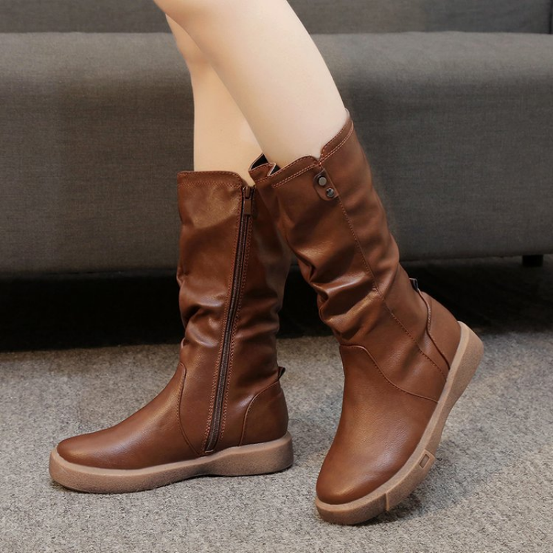 Slouchy Mid-Calf Boots – Flat Sole Side Zip Vegan Leather