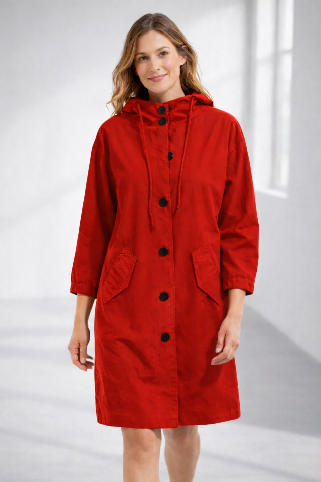 Button-Front Hooded Rain Coat – Knee-Length Loose Fit
