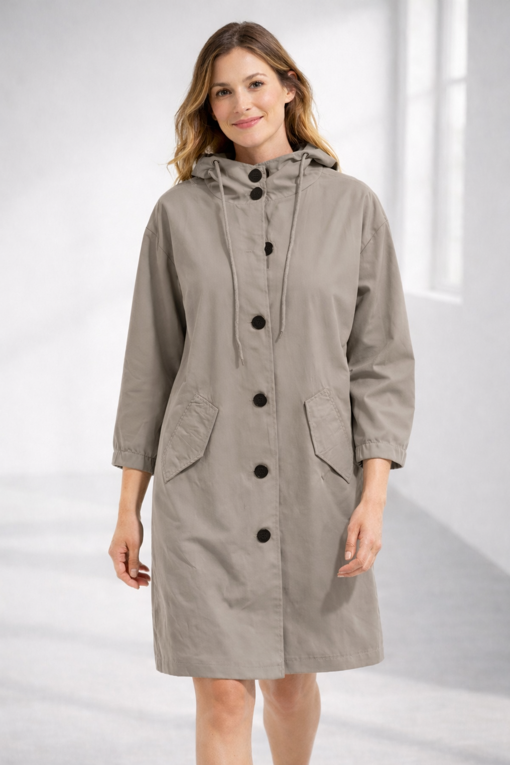 Button-Front Hooded Rain Coat – Knee-Length Loose Fit