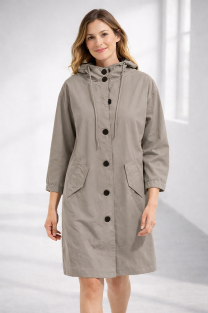 Button-Front Hooded Rain Coat – Knee-Length Loose Fit