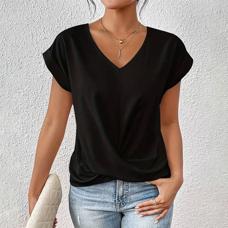 Twist Front V-Neck Top – Short Sleeve Solid Casual Top