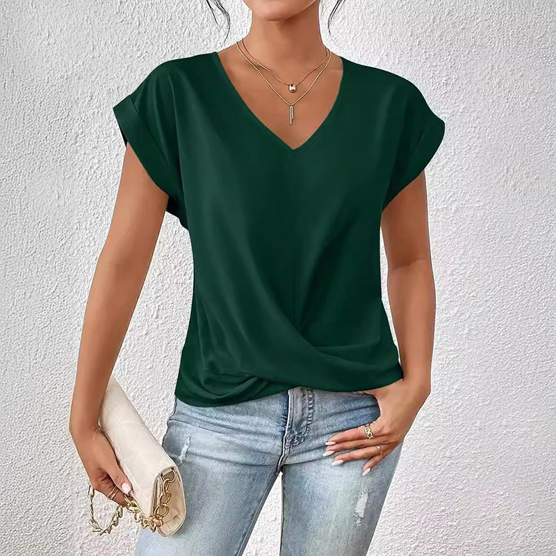 Twist Front V-Neck Top – Short Sleeve Solid Casual Top