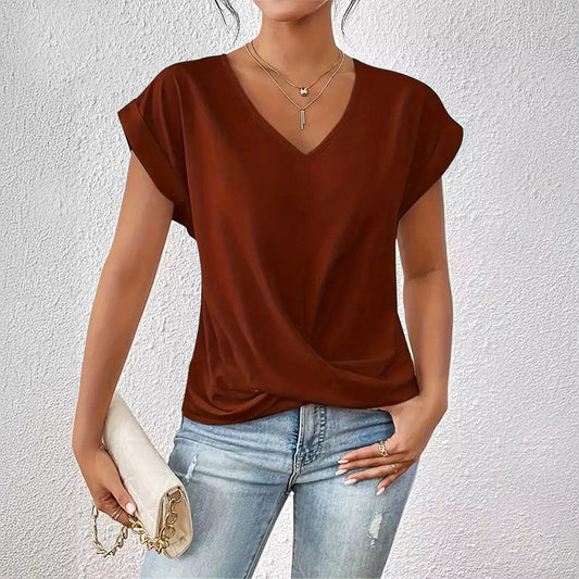 Twist Front V-Neck Top – Short Sleeve Solid Casual Top