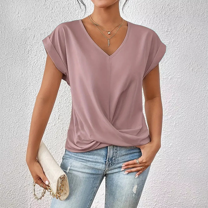 Twist Front V-Neck Top – Short Sleeve Solid Casual Top