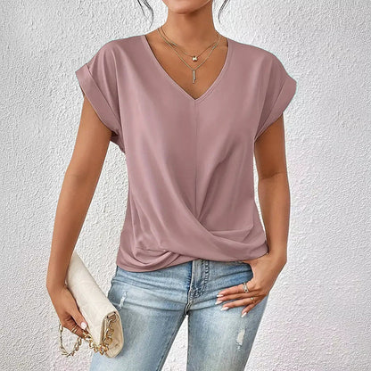 Twist Front V-Neck Top – Short Sleeve Solid Casual Top