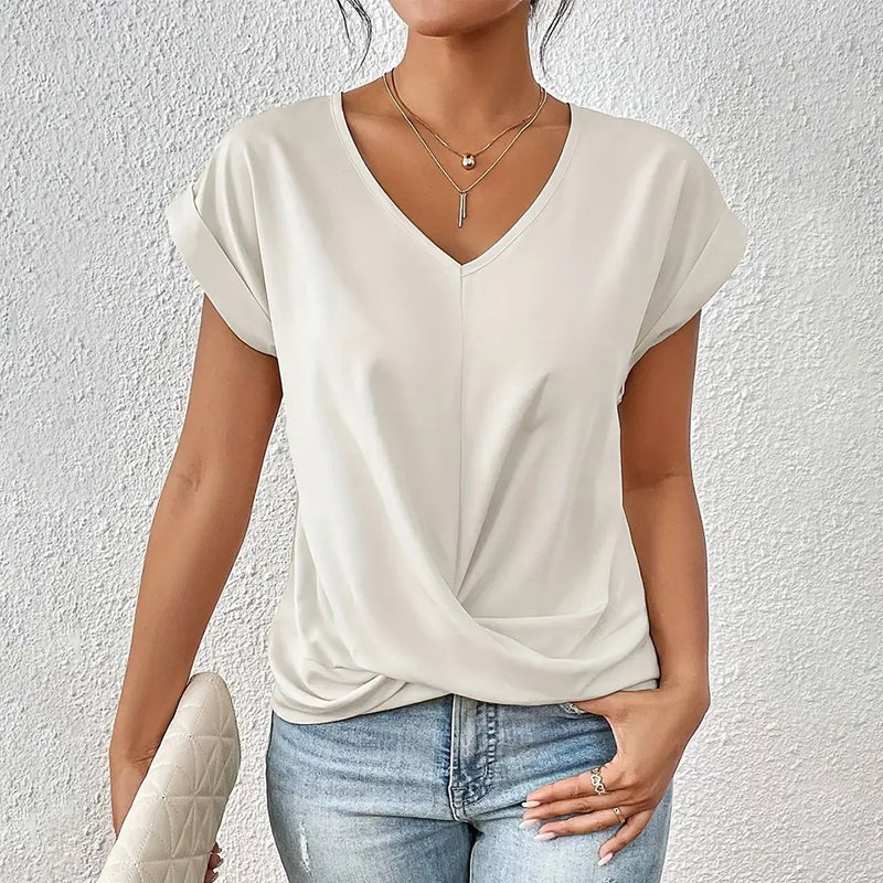 Twist Front V-Neck Top – Short Sleeve Solid Casual Top
