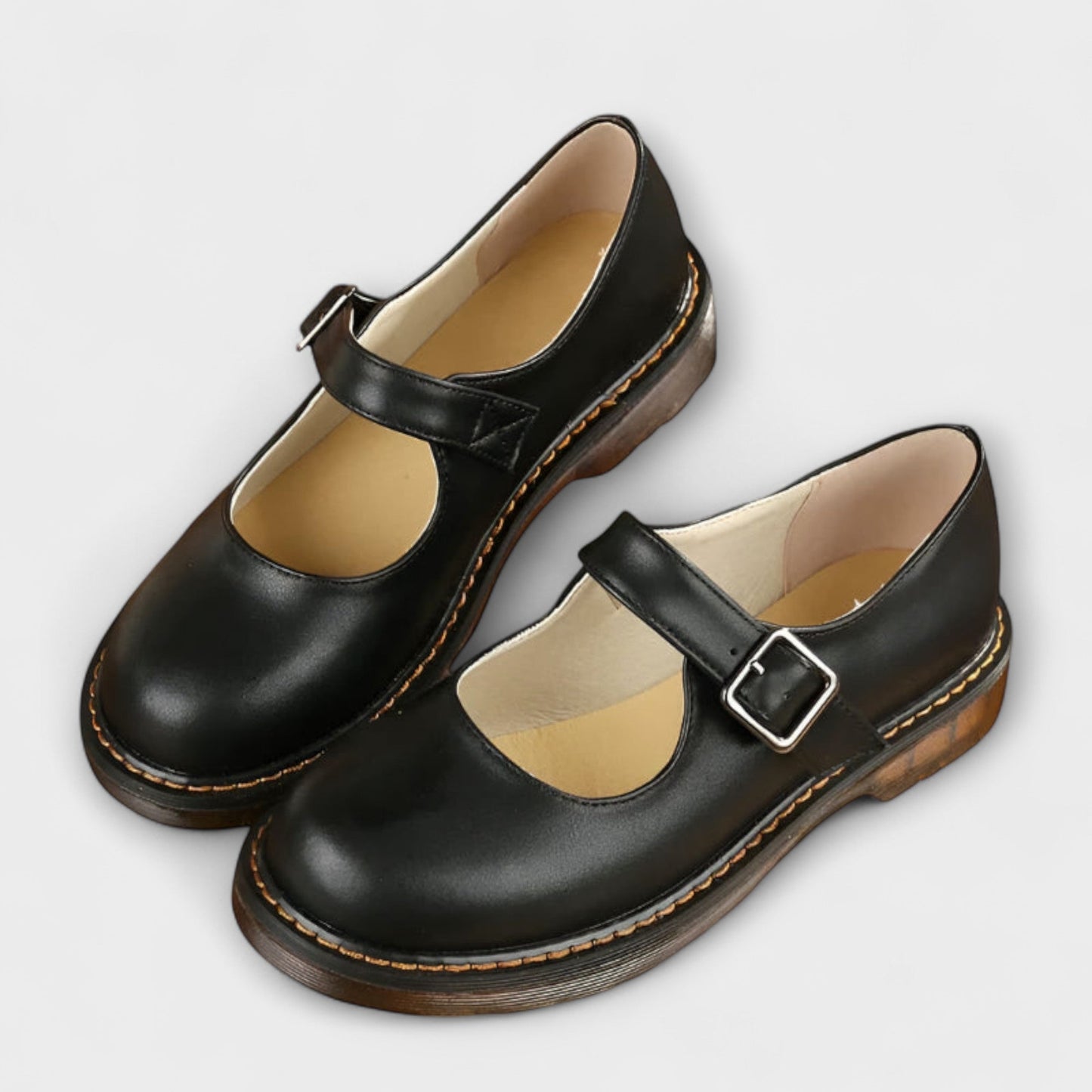 Leather Mary Jane Flats – Buckle Strap Round Toe Flat Shoes