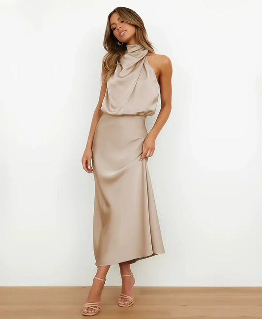 Satin Cowl Halter Midi Dress – Sleeveless Formal Wedding Guest Dress