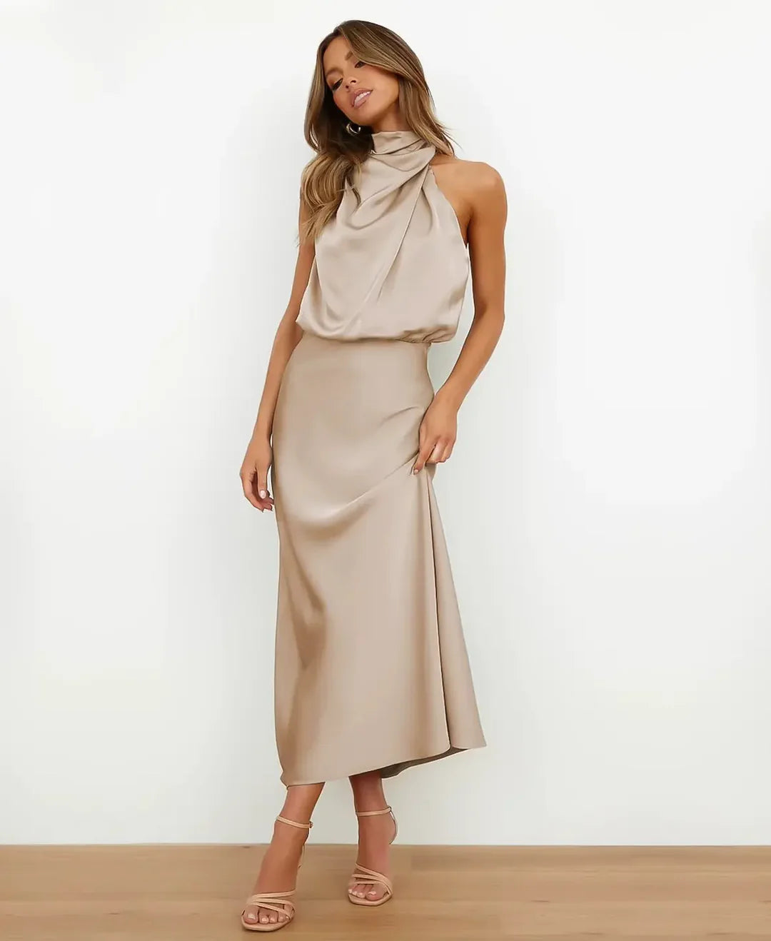 Women's Satin Halter Neck Midi Dress – Formal Sleeveless Evening Dress
