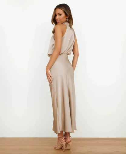 Women's Satin Halter Neck Midi Dress – Formal Sleeveless Evening Dress
