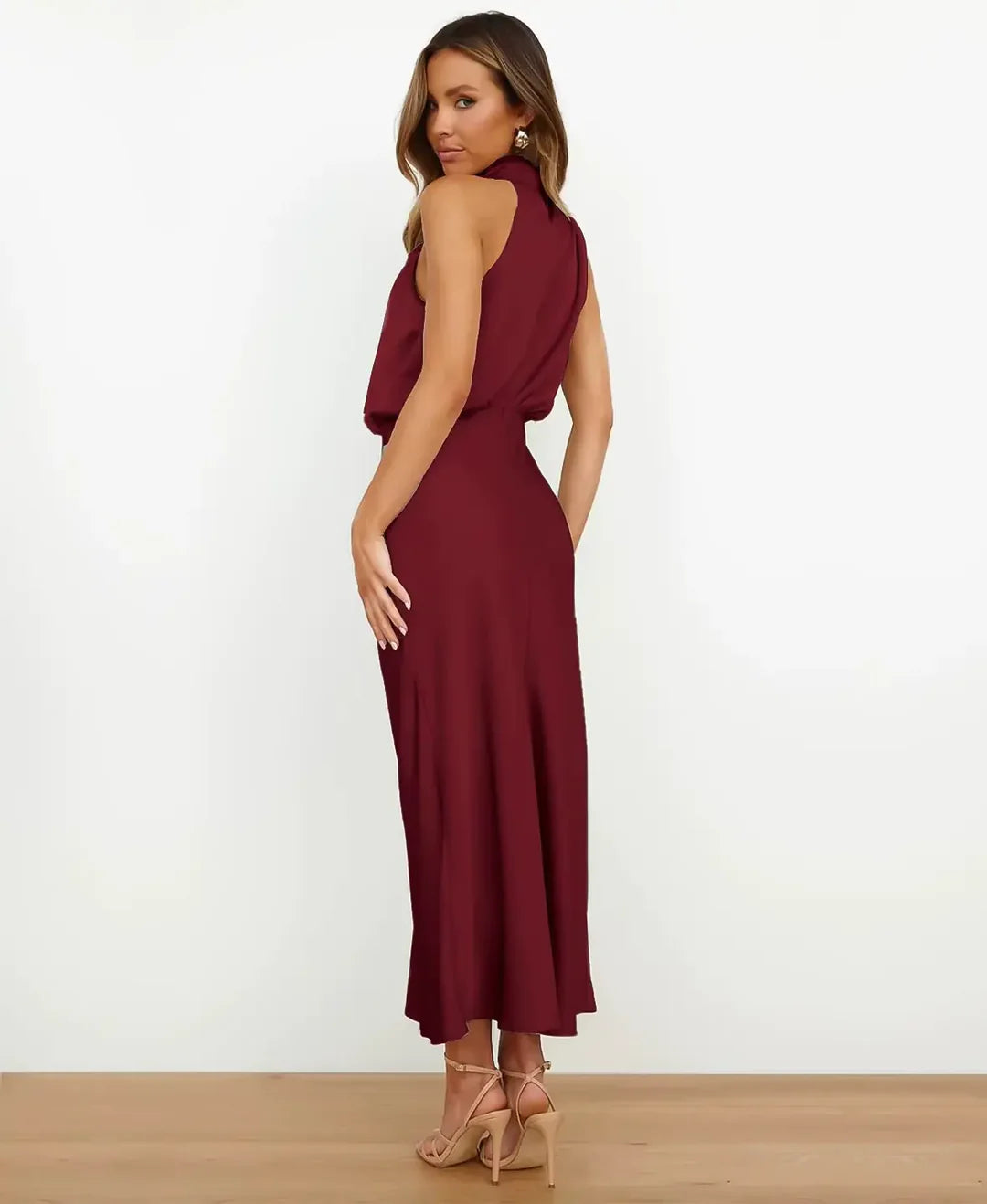 Women's Satin Halter Neck Midi Dress – Formal Sleeveless Evening Dress