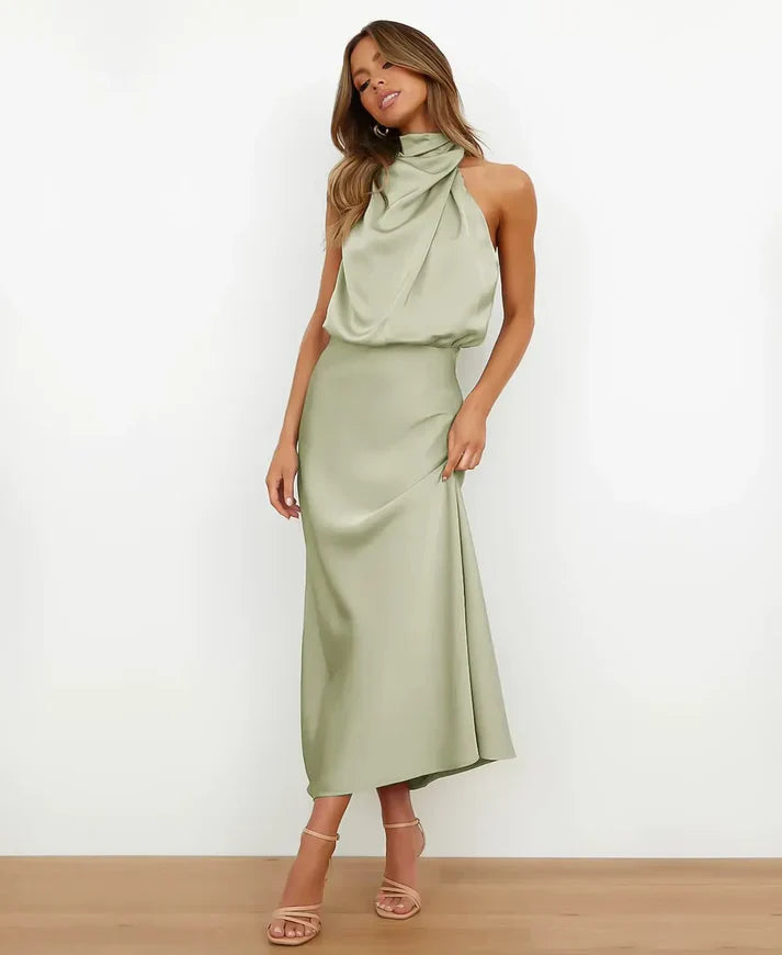 Women's Satin Halter Neck Midi Dress – Formal Sleeveless Evening Dress
